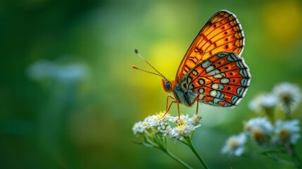 Fototapeta premium A close-up of a colorful butterfly feeding on the pollen of a wildflower, with a blurred green background.