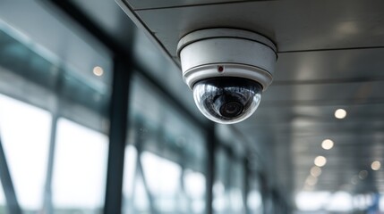 A close-up of a dome-shaped security camera on a smooth metal ceiling inside a sleek, futuristic building corridor