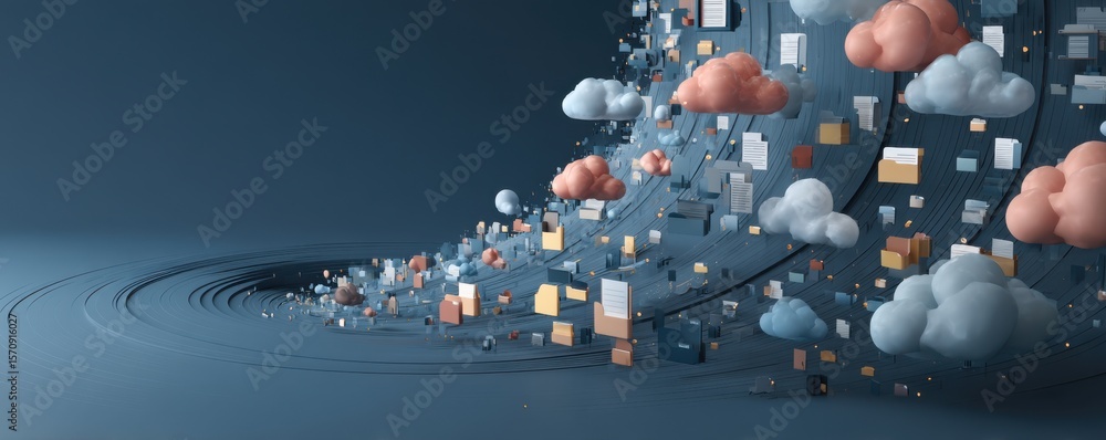 Poster digital cloud technology concept with data and document flow visualization