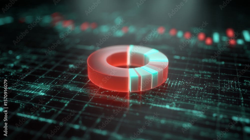 Poster a close-up of a futuristic d donut chart with segmented, glowing parts, floating above a digital gri