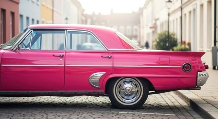 A vibrant pink vintage car parked on a city street, showcasing its classic design.