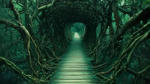 Wooden pathway through a dense root tunnel