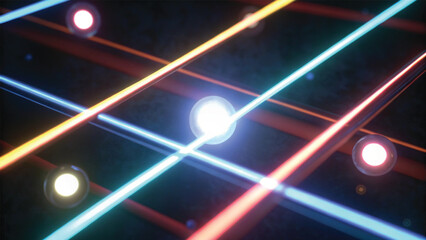 A vibrant, abstract pattern of glowing neon light lines creates a bright, energetic design with a futuristic feel