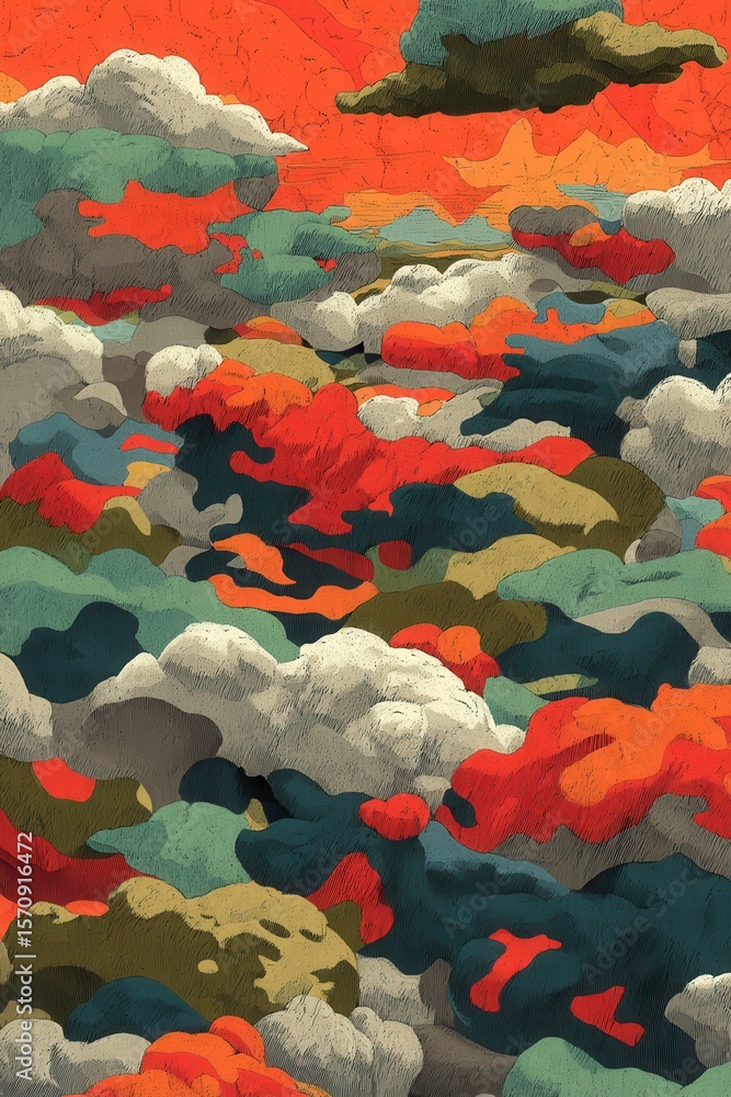 Poster abstract artwork featuring colorful camouflage patterns and vivid surreal cloud formations.