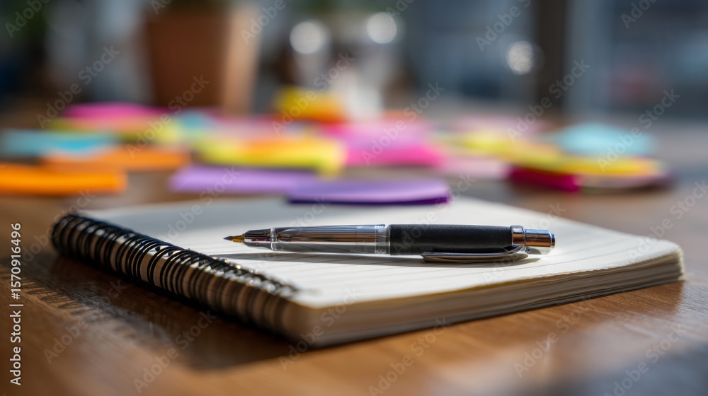 Poster a close-up of a notebook and pen resting on a wooden table, surrounded by colorful sticky notes, sym