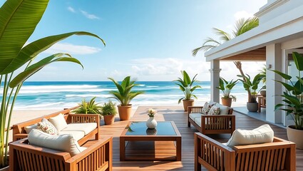 Beachfront luxury terrace with tropical plants, ocean waves, teakwood furniture, 3D photorealism