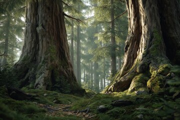 Obraz premium Photorealistic Ancient Forest with Giant Trees – Natural Scenic Landscape