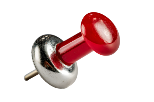 Close-up of a red push pin isolated on a transparent background studio shot