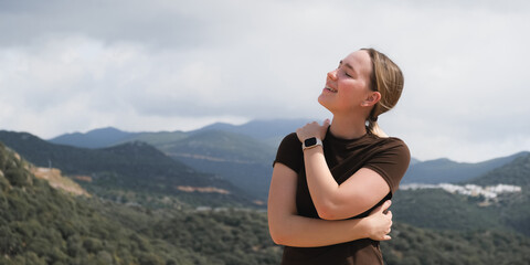 Mindful Woman Embracing Nature, Mountain Retreat, Digital Detox, Spiritual Awakening, Gen Z...