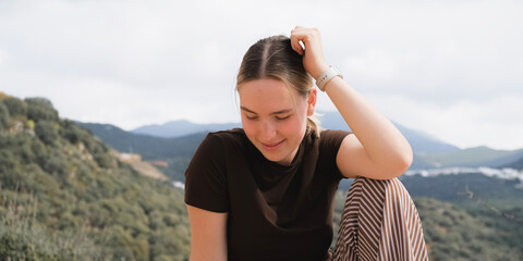 Mindful Woman Embracing Nature, Mountain Retreat, Digital Detox, Spiritual Awakening, Gen Z...