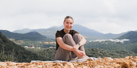 Mindful Woman Embracing Nature, Mountain Retreat, Digital Detox, Spiritual Awakening, Gen Z...