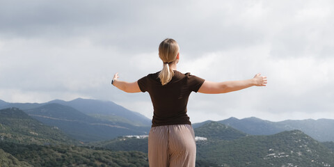 Mindful Woman Embracing Nature, Mountain Retreat, Digital Detox, Spiritual Awakening, Gen Z...