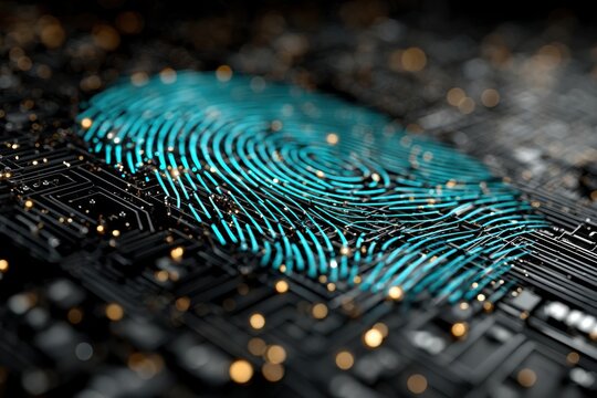 Closeup of a digital biometric fingerprint with glowing cyber elements