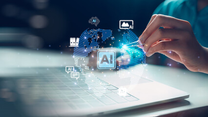Hand interacting with AI digital globe on laptop keyboard. Concept of artificial intelligence assistant, smart automation, data processing, and machine learning in communication tools.