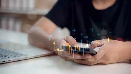 Hands holding smartphone with glowing stock chart overlay. Concept of mobile stock trading, investment analysis, financial market data, and fintech technology tools.