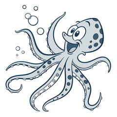 Happy cartoon octopus is swimming among bubbles and smiling happily in the ocean © Shipon