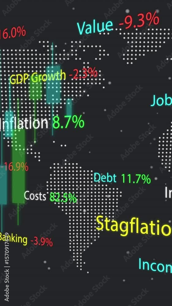 Poster animation of data processing over globe and world map on black background