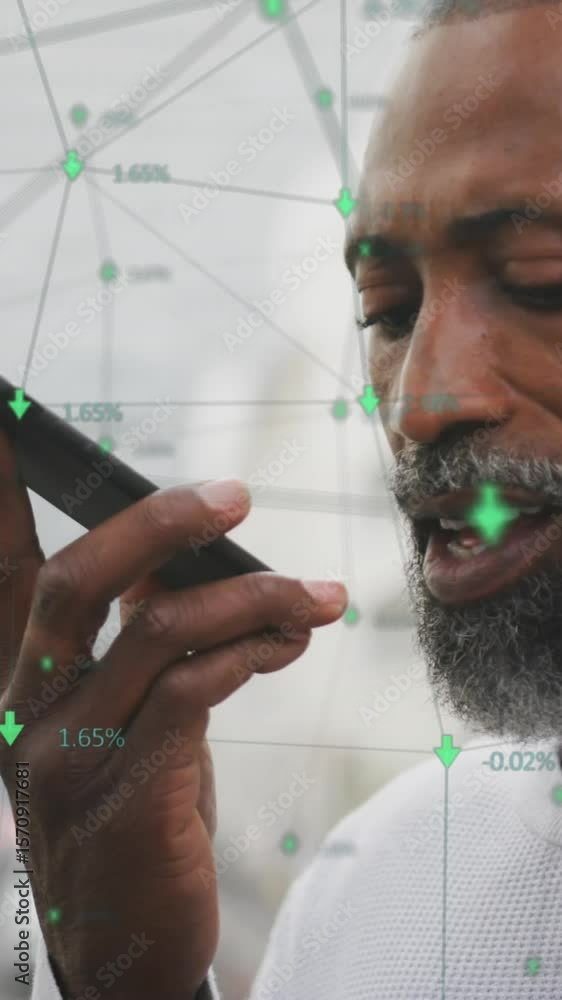 Poster animation of network of connections with data processing over african american man using smartphone