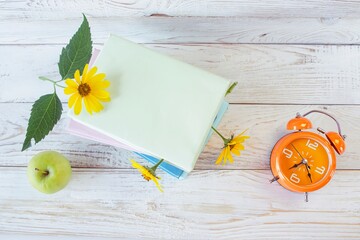 Alarm clock and stack of books with fresh flowers between pages, as bookmarks. On white wooden...