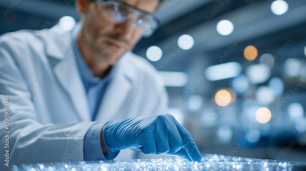 Poster smart material scientist testing self-healing polymer in clean lab