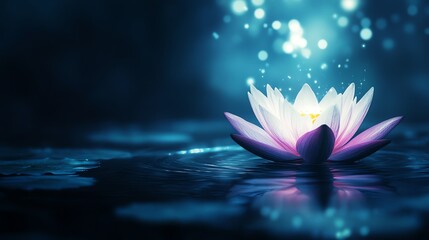 A serene water lily floating gracefully in a tranquil pond, illuminated by soft, enchanting light.