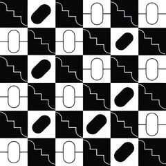 Monochromatic abstract geometric pattern featuring repeating rounded shapes and checkerboard composition for versatile design uses