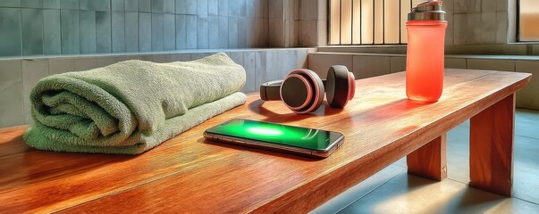 Fitness essentials on bench including phone, towel, headphones, and water bottle