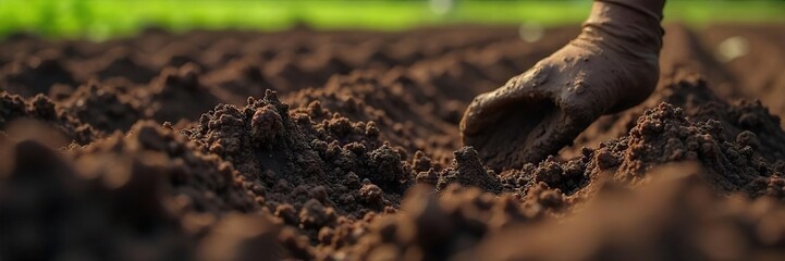 Rich Dark Soil Tilled Close Up Fresh Earth, Organic Matter, Farming, Gardening, Agriculture