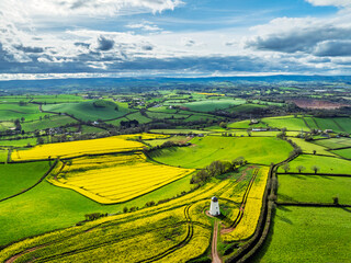 Rapeseed fields and Farms over Devon Windmill from a drone, Torquay, Devon, England