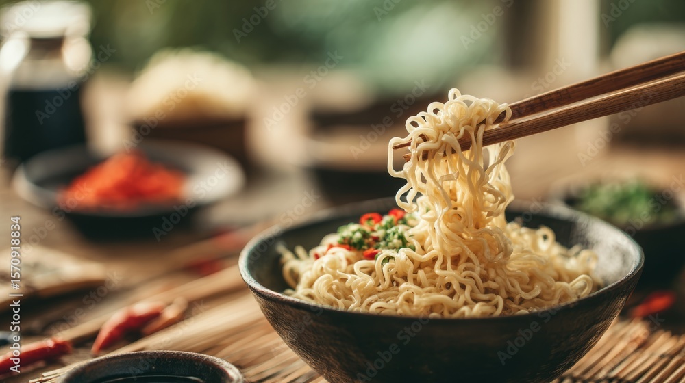 Poster A close-up of instant noodles being lifted from a bowl with chopsticks, with a background of a neatly set table and additional garnishes and sauces.