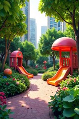Discover a Whimsical Urban Oasis Vibrant Park with Playful Structures and Lush Landscaping