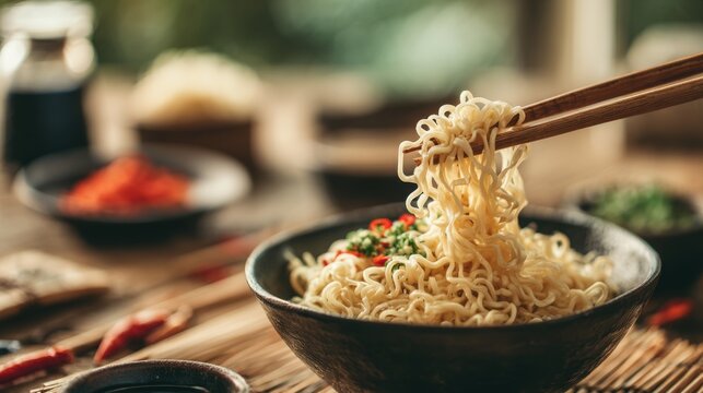 A close-up of instant noodles being lifted from a bowl with chopsticks, with a background of a neatly set table and additional garnishes and sauces.
