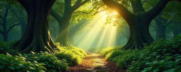 Sun-Dappled Path Through a Mystical Forest Ethereal Light Illuminates an Ancient Grove, Evoking Peace and Tranquility in this Divine Landscape.