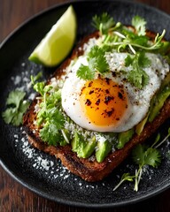 Intricate Presentation of Avocado Toast with Lime Garnish, Microgreens, and Poached Egg on a Dark Ceramic Plate with Moody and Gourmet Styling