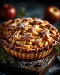 Rustic Homemade Apple Pie with a Starpatterned Crust on Shadowed Wood Featuring Pine Sprigs, Cinnamon, and Dried Orange for a Warm Holiday Food Display