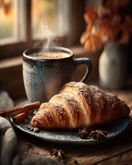 A detailed photorealistic scene showcasing a croissant on a wooden table surrounded by cinnamon sticks and autumn leaves in a warm, inviting kitchen with amber lighting and a steaming mug of tea