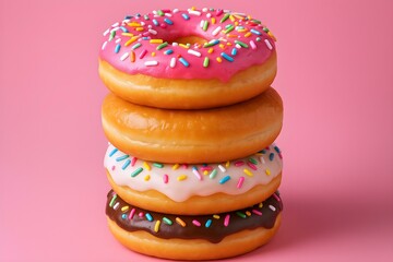Sweet Stack: A tempting tower of assorted, vibrantly colored donuts with decorative sprinkles and glazed, set against a soft pink backdrop, appealing to both the eyes and the sweet tooth.