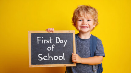A cheerful boy smiles on his first day of school, holding a chalkboard.