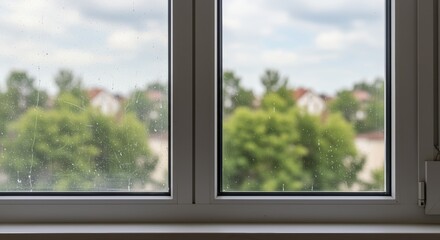 Fototapeta premium Dirty Window with Blurred Green Landscape View