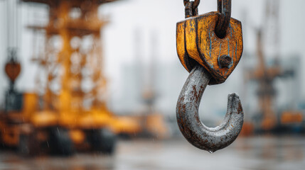A close-up of a rusty crane hook hanging in the rain, capturing a sense of industry.