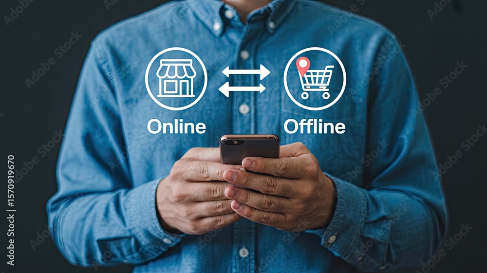 Poster man holding a smartphone with icons representing online and offline shopping connected by arrows sym