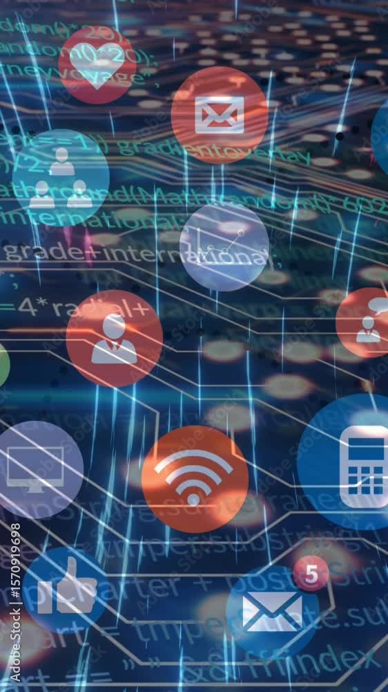 Poster animation of social media icons with data processing over computer circuit board