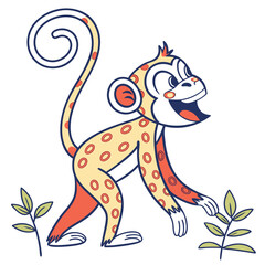 Cheerful cartoon monkey with spotted fur reaching towards a leafy branch with eager expression