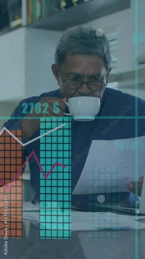 Poster animation of financial data processing over senior man using laptop