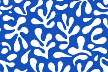 Blue and white background with organic shapes in a flat modern art style. Simple illustration with a textured printmaking effect. Ideal for design, branding, and creative visuals.