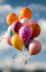 Colorful balloons floating joyfully at a birthday celebration under soft daylight with confetti falling around