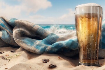A glass of beer sits on sandy beach next to a blue and white checkered blanket. The ocean waves are visible in the background under a clear sky.