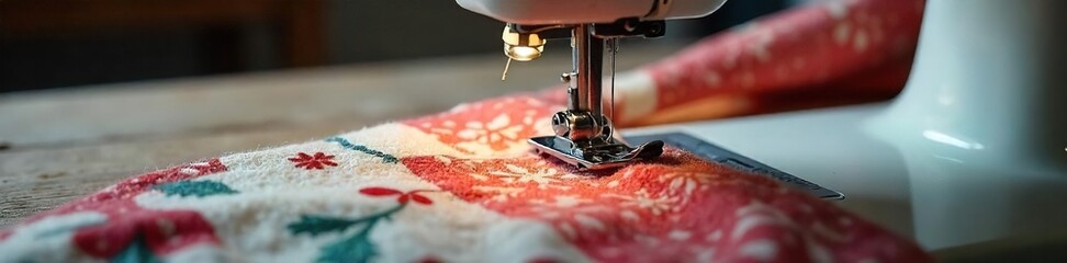 Cozy Winter Sewing Close-up of a Sewing Machine Stitching Thick Fabric on Rustic Wood