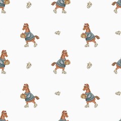 Cute horse character in playful winter attire carrying gifts in a charming seamless pattern design