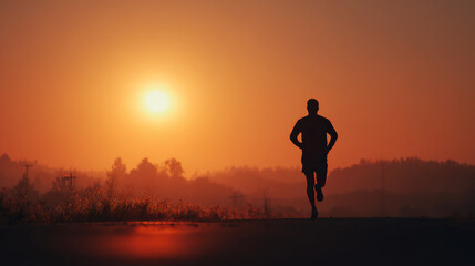 A runner is silhouetted during a beautiful sunset run, promoting fitness and health.